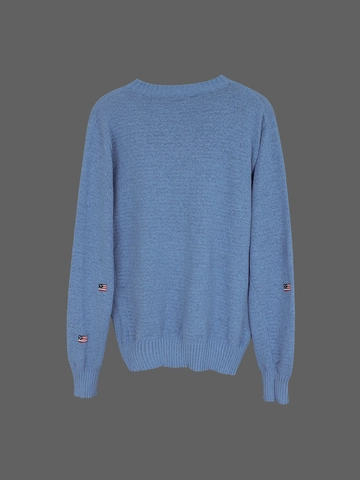 Women American Flag Embroidered Knitted Sweater Casual Round Neck Long Sleeve Polyester Pullover Retro Loose Blue Knit Top