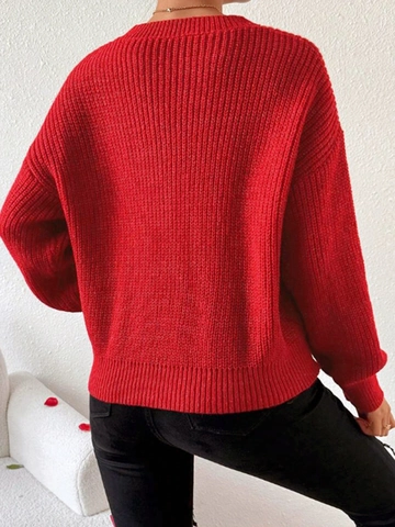 Women's Casual Red Knit Sweater With White Heart Pattern Crew Neck Long Sleeve Ribbed Knitted Valentine's Day Pullover Top