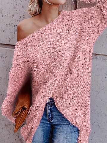 Pull en Tricot à Épaules Dénudées pour Femmes Style Mohair Pelucheux Coupe Ample Côtelé Manches Longues Rose Automne Hiver