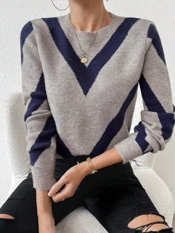 Suéter de Punto Casual para Mujer Cuello Redondo Manga Larga Patrón de Espiga Color de Contraste Pullover de Punto Acanalado Otoño Invierno