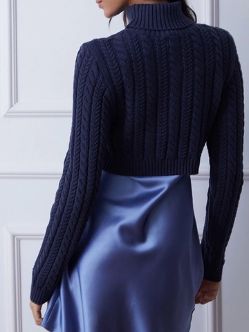 Women High Neck Cable Knit Sweater Navy Blue Long Sleeve Polyester Knitted Pullover Solid Color Short Casual Jumper Top