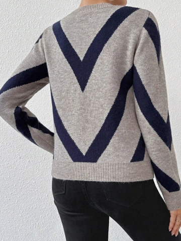 Suéter de Punto Casual para Mujer Cuello Redondo Manga Larga Patrón de Espiga Color de Contraste Pullover de Punto Acanalado Otoño Invierno