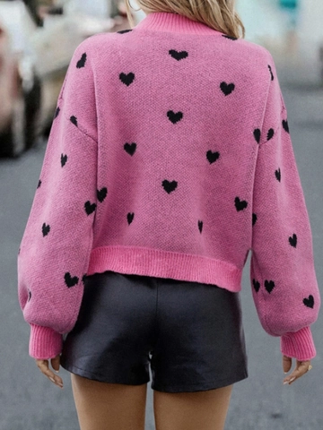 Pull en Tricot à Motif de Coeur Décontracté pour Femmes Col Rond Ample Manches Cloche Pullover Côtelé Rose Saint-Valentin