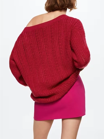 Women V Neck Long Sleeve Hollow Out Knit Sweater With Sequins Casual Loose Pullover Top Solid Color Knitted Jumper