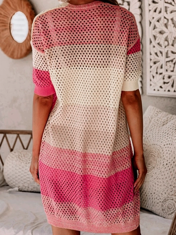 Women Bohemian Hollow Out Crochet Knit Cardigan Striped Color Block Open Front Summer Beach Resort Long Sleeve Sweater