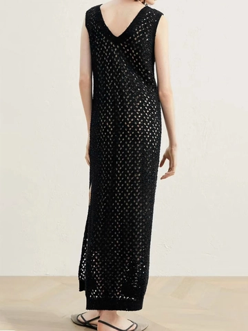 Vestido Maxi de Punto Casual para Mujer Cuello en V Espalda al Aire Calado Abertura Sin Mangas Estilo Vacaciones Color Sólido