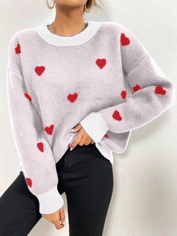 Dames Hartpatroon Gebreide Trui Casual Ronde Hals Lange Mouw Pullover Geribbeld Bovenstuk Voor Valentijnsdag Romantische Date