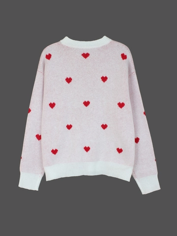 Dames Hartpatroon Gebreide Trui Casual Ronde Hals Lange Mouw Pullover Geribbeld Bovenstuk Voor Valentijnsdag Romantische Date