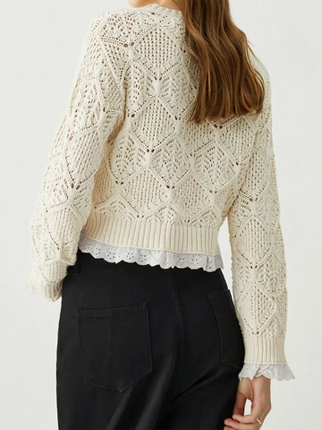Damen Casual Off-White Aushöhlen Häkeln Strickpullover Rundhals Langarm Spitzenbesatz Crop Top Pullover Strickwaren
