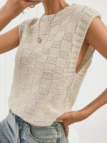 Women Casual Acrylic Knit Tank Top Checkerboard Pattern Sleeveless Round Neck Pullover Sweater Vest Top