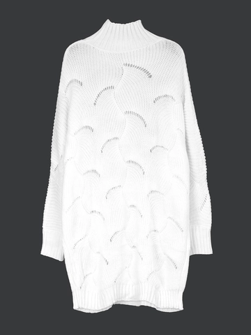 Vestido de Suéter de Punto de Cuello Alto para Mujer Patrón de Ondas Calado Manga Larga Jersey Casual Color Sólido