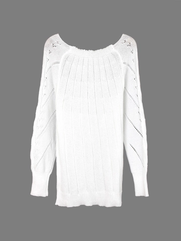 Suéter de Punto Calado Casual para Mujer Cuello Redondo Pullover de Ganchillo Manga Larga Color Sólido Top de Playa