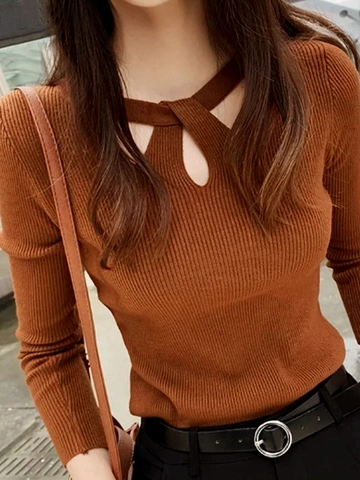 Women's Casual Ribbed Knit Sweater Slim Fit Pullover Long Sleeve Caramel Color Cross Cutout Round Neck Soft Knit Top