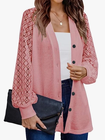 Damen Rosa Ausgehöhlt Langarm Strickjacke V-Ausschnitt Einreihig Spitze Patchwork Lässig Leichter Pullover Top