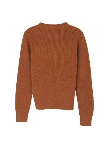 Women's Casual Ribbed Knit Sweater Slim Fit Pullover Long Sleeve Caramel Color Cross Cutout Round Neck Soft Knit Top