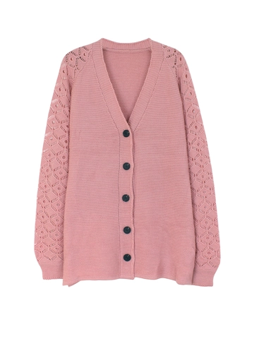 Damen Rosa Ausgehöhlt Langarm Strickjacke V-Ausschnitt Einreihig Spitze Patchwork Lässig Leichter Pullover Top