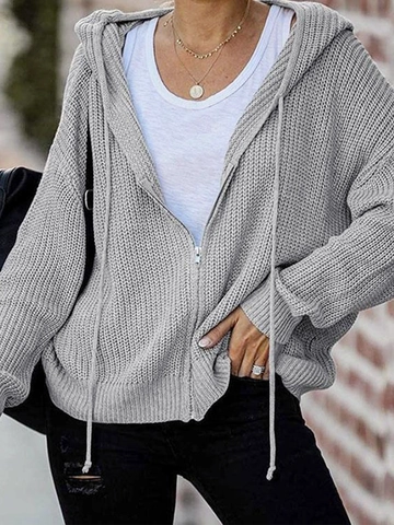 Women Casual Chunky Knit Hooded Cardigan Acrylic Zip Up Long Sleeve Sweater Jacket Solid Gray Loose Fit Outerwear