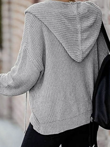Women Casual Chunky Knit Hooded Cardigan Acrylic Zip Up Long Sleeve Sweater Jacket Solid Gray Loose Fit Outerwear