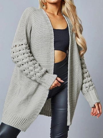 Cárdigan de Punto Casual de Media Longitud para Mujer Frente Abierto Manga Larga Chaqueta de Punto Gris Claro