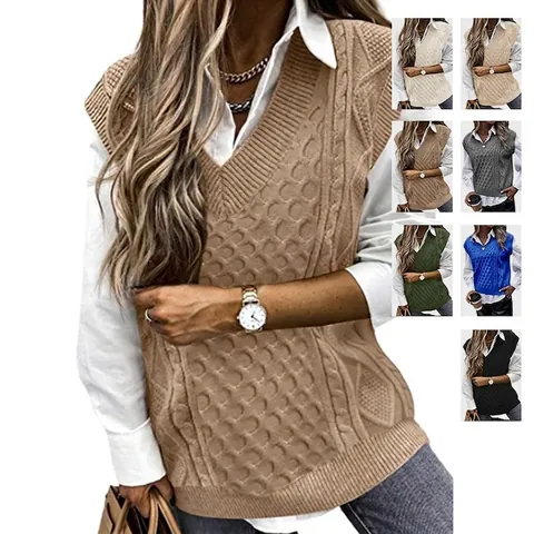 Women Cable Knit V Neck Sweater Vest Sleeveless Oversized Knitted Tank Top Casual Loose Pullover Waistcoat Fashion Tops