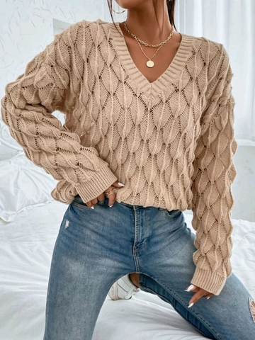 Pull en Tricot pour Femmes Col en V Manches Longues Pullover Ajouré Texture de Feuille Bord-Côte Haut en Tricot Décontracté