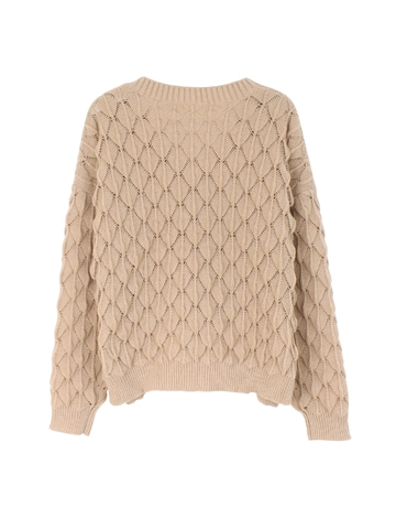 Pull en Tricot pour Femmes Col en V Manches Longues Pullover Ajouré Texture de Feuille Bord-Côte Haut en Tricot Décontracté