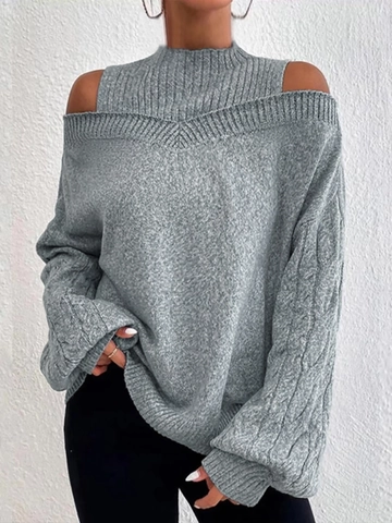 Pull Femme Épaules Dénudées Tricot Torsadé Col Montant Manches Longues Pullover Décontracté Automne Hiver Couleur Unie