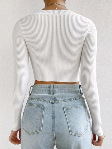 Top Corto in Maglia a Costine Donna Girocollo Manica Lunga Pullover in Poliestere Vestibilità Slim Maglione Bianco per Primavera