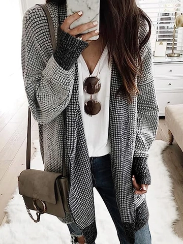 Women Casual Plaid Knit Cardigan Loose Long Sleeve V-Neck Open Front Sweater Grid Pattern Autumn Winter Outwear