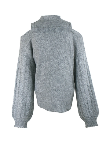 Pull Femme Épaules Dénudées Tricot Torsadé Col Montant Manches Longues Pullover Décontracté Automne Hiver Couleur Unie