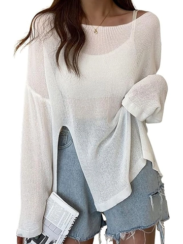 Dames Casual Off Shoulder Lange Mouwen Gebreide Trui Dunne Pullover Effen Kleur Zijsplit Lichtgewicht Zomer Lente Top
