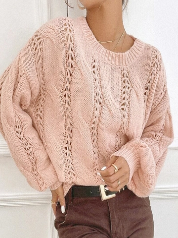 Maglione da Donna Casual Rosa a Trecce Traforato Girocollo Manica Lunga Pullover Largo Morbido Primavera Autunno Maglieria Top
