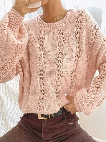 Maglione da Donna Casual Rosa a Trecce Traforato Girocollo Manica Lunga Pullover Largo Morbido Primavera Autunno Maglieria Top