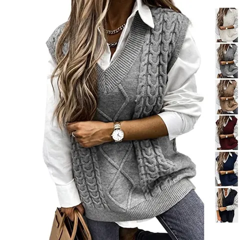 Women's V Neck Cable Knit Sweater Vest Sleeveless Loose Relaxed Knitwear Waistcoat Pullover Top For Spring Autumn Winter