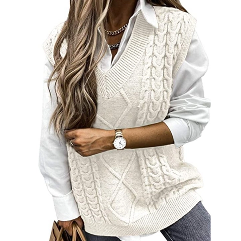 Women's V Neck Cable Knit Sweater Vest Sleeveless Loose Relaxed Knitwear Waistcoat Pullover Top For Spring Autumn Winter
