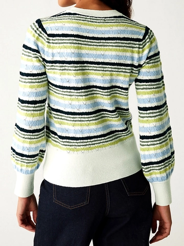 Women Casual Striped Knit Sweater Crew Neck Long Sleeve Pullover Hollow Out Crochet Knitwear Autumn Winter Multicolor Top