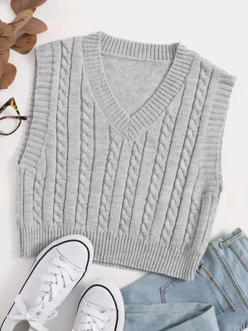 Gilet en Tricot Décontracté à Col en V pour Femmes Tricot Torsadé sans Manches Pull Gris Maille pour Printemps Automne Hiver