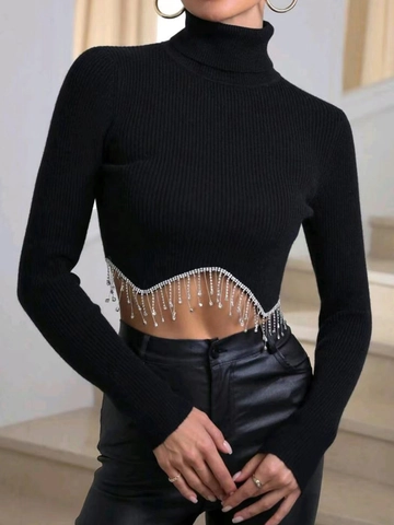 Women Rhinestone Fringe Turtleneck Cropped Sweater Ribbed Knit Long Sleeve Solid Color Fashion Slim Fit Pullover Top