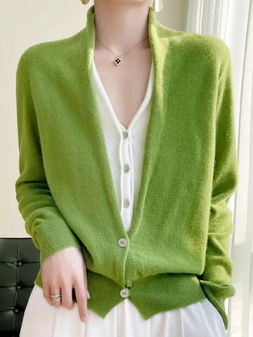 Dames Casual Effen Groen Gebreid Vest V-Hals Lange Mouwen Knoopsluiting Trui Geribbelde Manchetten Zachte Lichte Bovenkleding