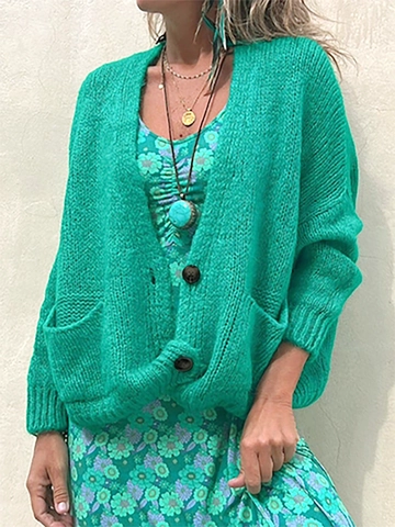 Gilet en Tricot pour Femmes Col en V Pull Ample Simple Boutonnage Manteau Avec Poches Vert Émeraude Printemps Automne Veste