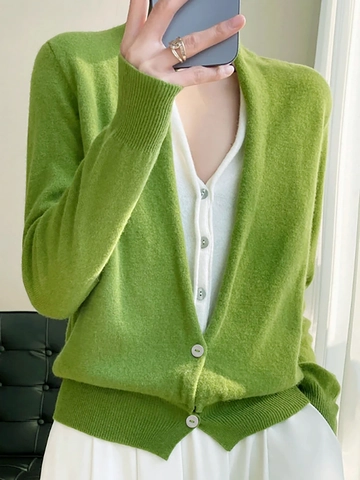 Dames Casual Effen Groen Gebreid Vest V-Hals Lange Mouwen Knoopsluiting Trui Geribbelde Manchetten Zachte Lichte Bovenkleding