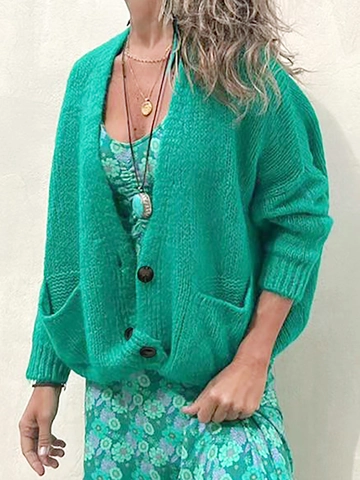 Gilet en Tricot pour Femmes Col en V Pull Ample Simple Boutonnage Manteau Avec Poches Vert Émeraude Printemps Automne Veste