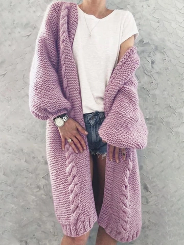 Dames Casual Oversized Grofgebreid Vest Lange Mouw Kabelpatroon Open Voorkant V-hals Trui Jas Effen Kleur Bovenkleding