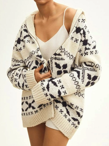 Women's Hooded Knit Cardigan Beige Geometric Pattern Long Sleeve Zip Up Sweater Autumn Winter Nordic Style Outerwear