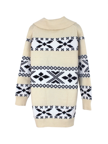 Women's Hooded Knit Cardigan Beige Geometric Pattern Long Sleeve Zip Up Sweater Autumn Winter Nordic Style Outerwear