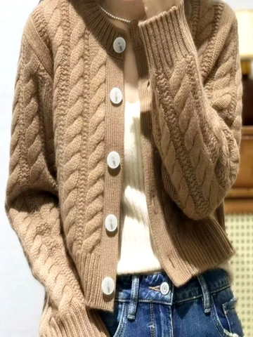 Women Cable Knit Cardigan Long Sleeve Round Neck Button Down Casual Sweater Jacket Camel Solid Soft Warm Fall Winter Tops