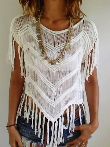 Top da Donna all'Uncinetto Bohemian Traforato a Maglia con Frange Maglietta a Maniche Corte Copricostume da Spiaggia Pullover Casual