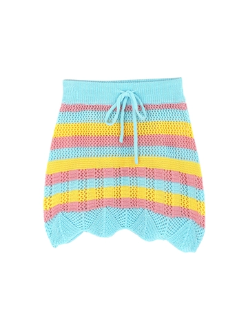 Women's Bohemian Crochet Knit Mini Skirt Colorful Horizontal Striped Hollow Out Drawstring Beach Vacation Skirt