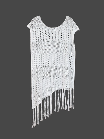 Copricostume da Spiaggia in Crochet Traforato Donna Con Nappine Scollo a Barca Estate Vacanza Boho Abito Midi a Maglia