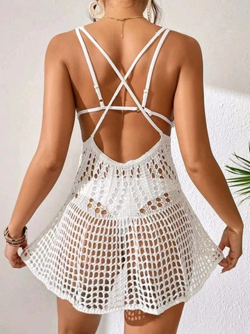 Abito Copricostume da Mare Sexy all'Uncinetto con Scollo a V Donna Senza Maniche Traforato in Maglia Lunghezza Media Vacanza